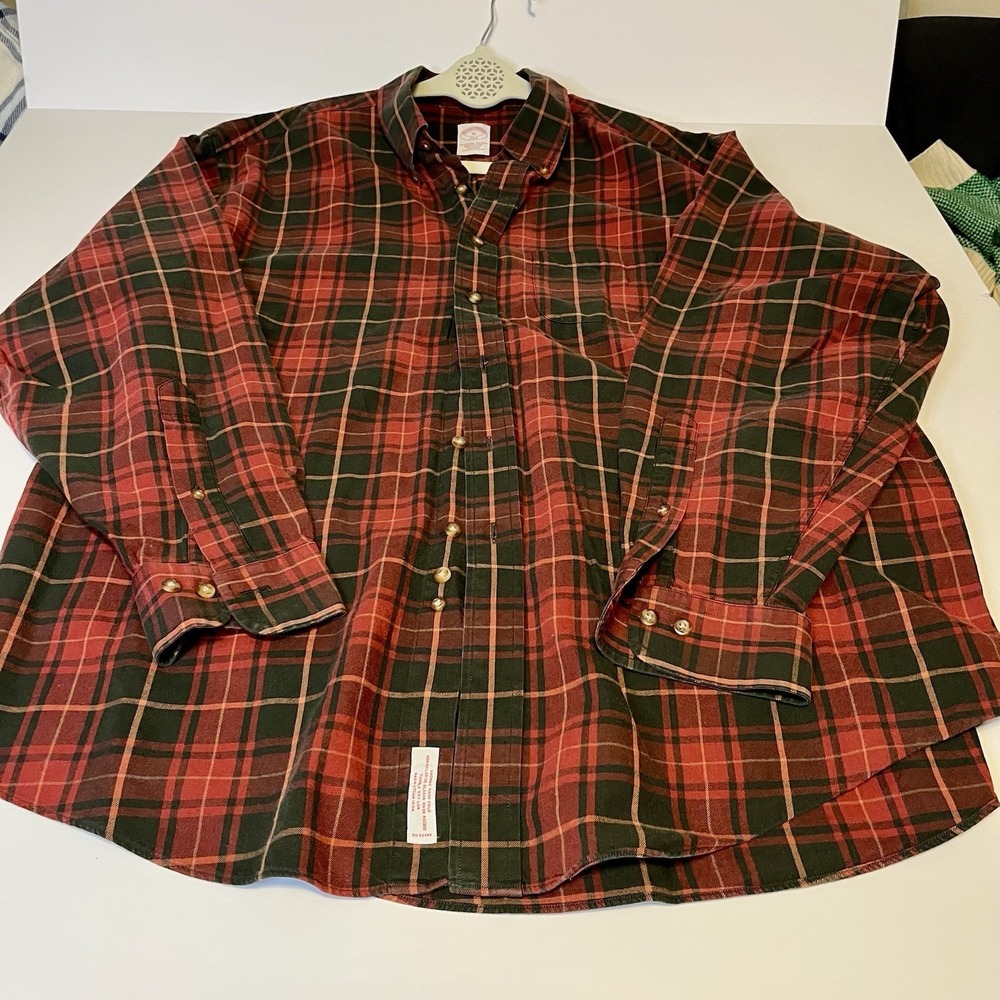 Brooks Brothers 346 XL Flannel Plaid Button-Down Shirt Red Green Cotton Wool